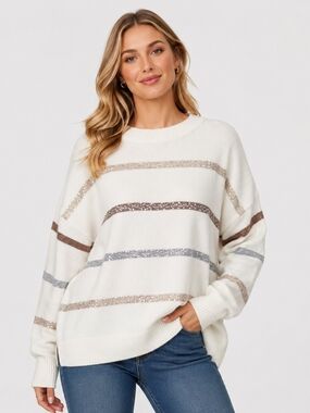 Vince Camuto XL Ivory Sequin Stripe Sweater Soft Knit Cozy Oversized Pullover.